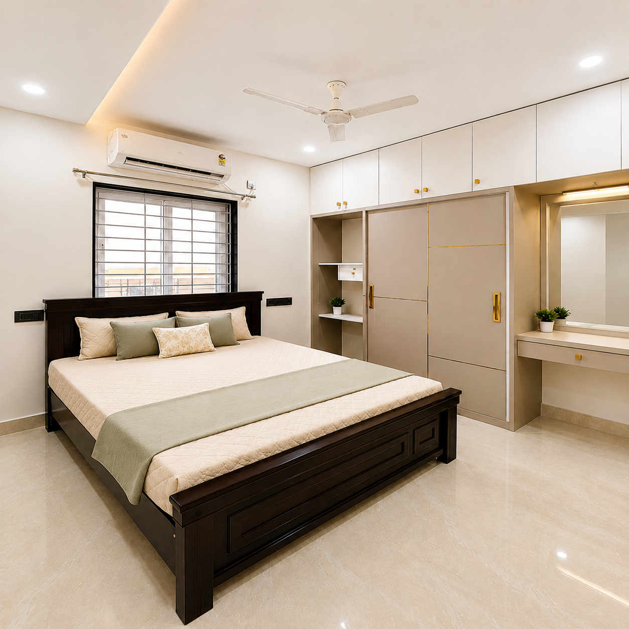 luxury bedroom interior, modern master bedroom, sophisticated bedroom design, elegant sleeping room, premium bedroom decor, contemporary bedroom styling, warm neutral bedroom, beige bedroom interior, sage green bedroom decor, dark wood furniture, statement bed design, wooden storage bed, upholstered bedding, layered bedroom styling, quilted bedspread, decorative pillows, built in wardrobe, floor to ceiling wardrobe, sliding wardrobe ideas, integrated storage design, bedroom vanity unit, illuminated dressing table, dressing area design, bedroom mirror ideas, brass hardware bedroom, ambient bedroom lighting, cove lighting bedroom, recessed ceiling lights, ceiling fan bedroom, air conditioned bedroom, bright bedroom space, spacious bedroom layout, polished flooring interior, clutter free bedroom, organized bedroom design, comfortable sleeping environment, relaxing bedroom atmosphere, modern home styling, upscale home interior, practical bedroom furniture, functional storage solutions, newlywed bedroom ideas, couple bedroom design, student bedroom inspiration, working professional bedroom, bachelor bedroom ideas, first home interior, rental friendly bedroom, affordable luxury bedroom, home decor inspiration.